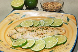 This picture shows a beautifully seasoned, lime broiled catfish, accented by limes on an intricately designed dish.