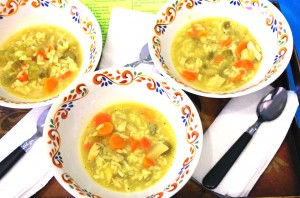 This image shows three bowls of Bailey's Farmers Market Soup. Bailey was a contestant in the Miss Arkansas Rice Contest.