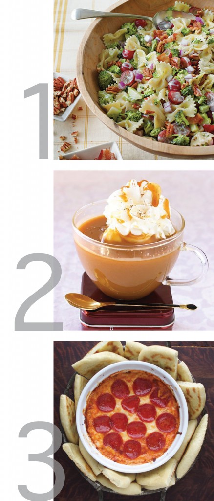 This photo is a simple graphic that shows photos of broccoli salad, salted caramel hot chocolate and pizza dip.