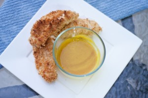 A crisp white plate of golden oven baked chicken tenders and a sweet honey mustard.