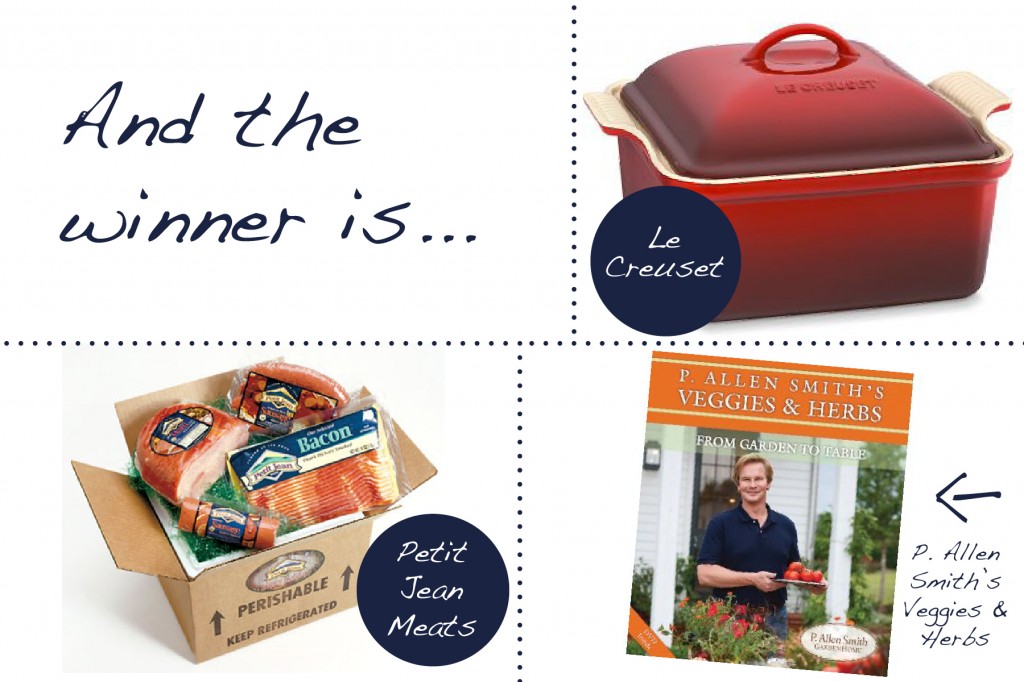 a graphic showing a le creuset casserole dish, a box of petit jean meats' products and a book called veggies and herbs by p. allen smith