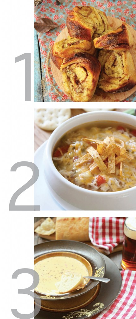 this photo is a clean simple graphic combining images of three recipes: chicken tortilla soup, sweet potato brown sugar cinnamon rolls, and cheddar ale soup