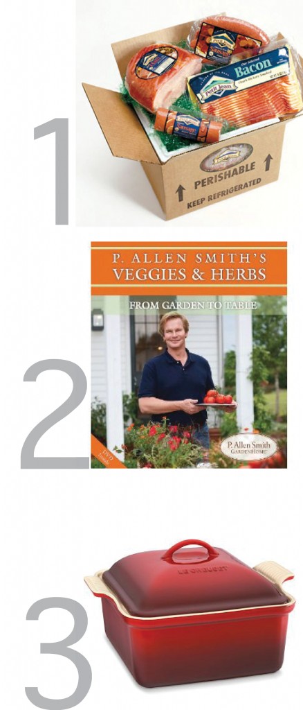 This graphic shows the prizes you could win in this anniversary contest including: le creuset stoneware, petit jean meats and a book by P. Allen Smith.