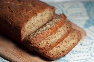 a sliced loaf of zucchini banana bread