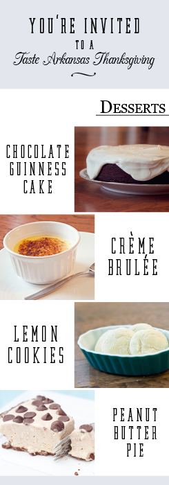 a great graphic showing photos of creme brulee, guinness chocolate cake, lemon cookies and peanut butter pie