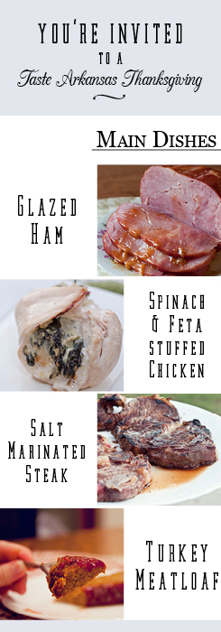 a pretty graphic full of photos for spinach and feta stuffed chicken, turkey meatloaf, glazed ham, salt marinated steak,