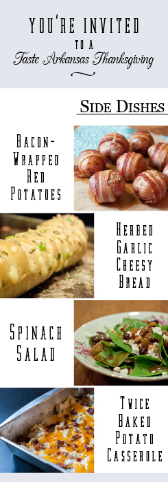 a pretty graphic full of photos of non-traditional thanksgiving side dishes like twice baked potato casserole, bacon wrapped potatoes, herbed garlic cheesy bread, spinach salad and