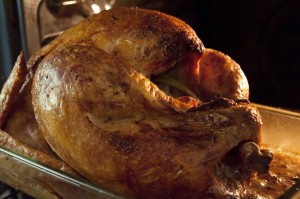 a thanksgiving turkey in the oven