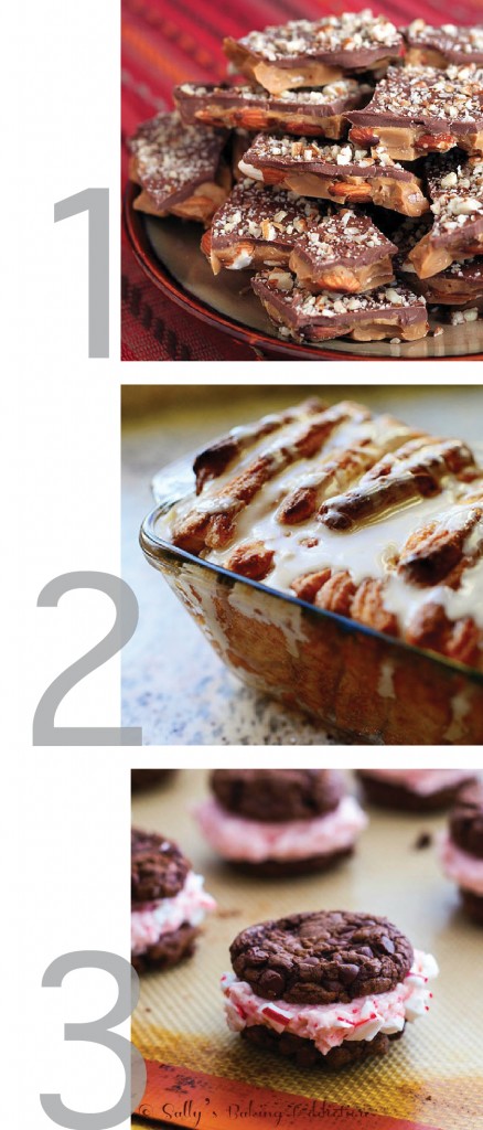 this photo is a graphic showing images for pull-apart bread, cookies and toffee