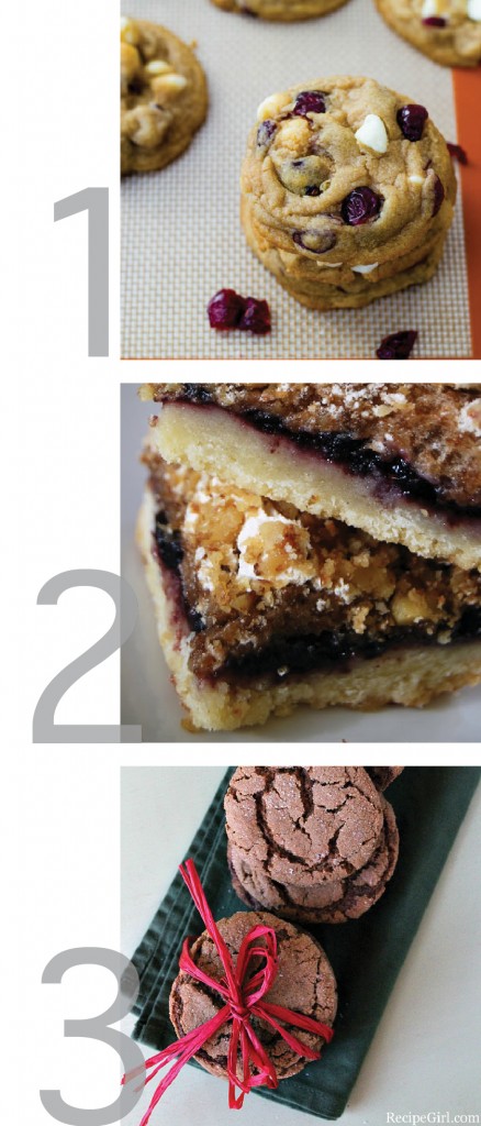 a graphic showing photos of recipes for white chocolate chip cranberry cookies, yugoslavian christmas cookies and ginger snaps