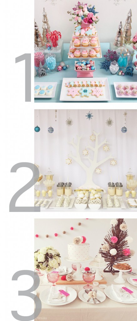 three photos in one graphic showing different table setting ideas for Christmas or other holidays