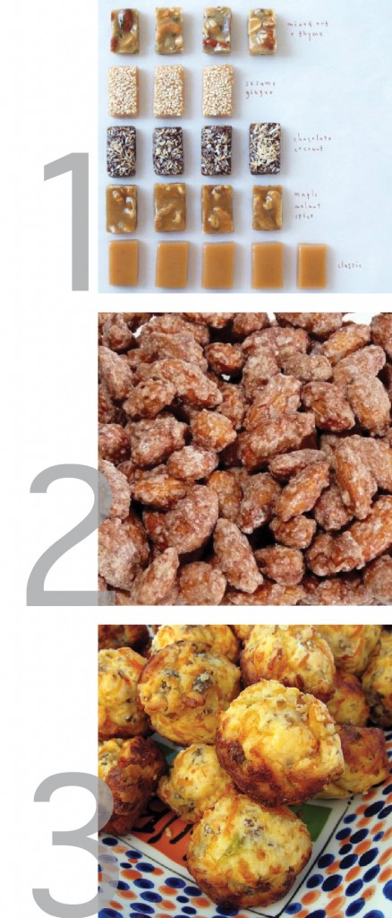 a graphic showing pictures of cinnamon almonds, sausage and cheese muffins and caramels