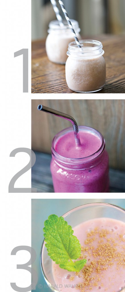 a clean graphic with images for banana rhubarb, blackberry and cocoa banana smoothies