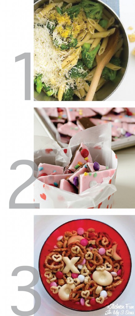 a pretty graphic showing valentines day treats and a one pot pasta recipe