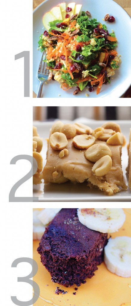 a graphic with photos of a delicious quinoa salad, banana brownies and salted nut squares