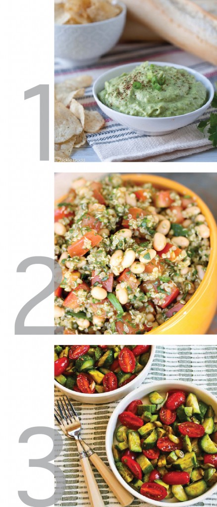 a simple graphic with photos of broccomole, tomato basil quinoa salad and avocado tomato salad