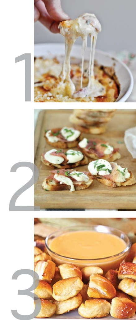 a simple graphic that has pictures of recipes from pinterest for super bowl foods, including: white pizza dip, pretzel bites and garlic toasts with mozzarella and prosciutto