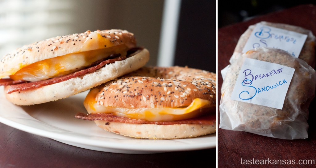 a plate of warm, homemade bacon, egg and cheese bagel sandwiches 
