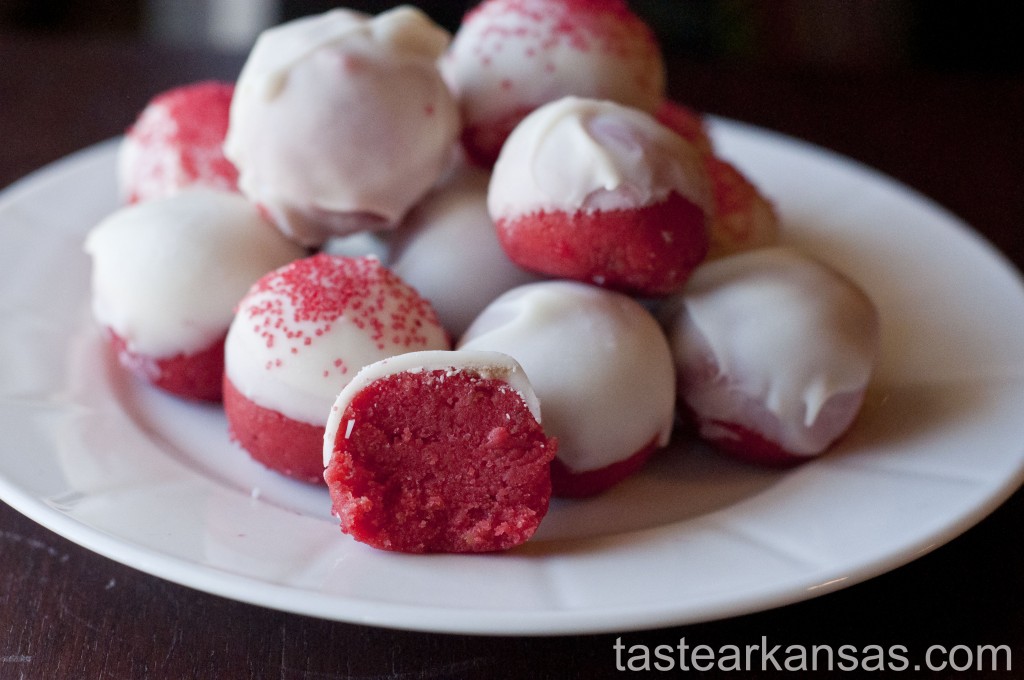 A plate of banana cake balls dyed red for Valentine's Day