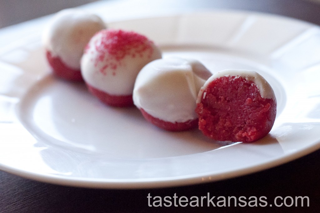 A plate of banana cake balls dyed red for Valentine's Day