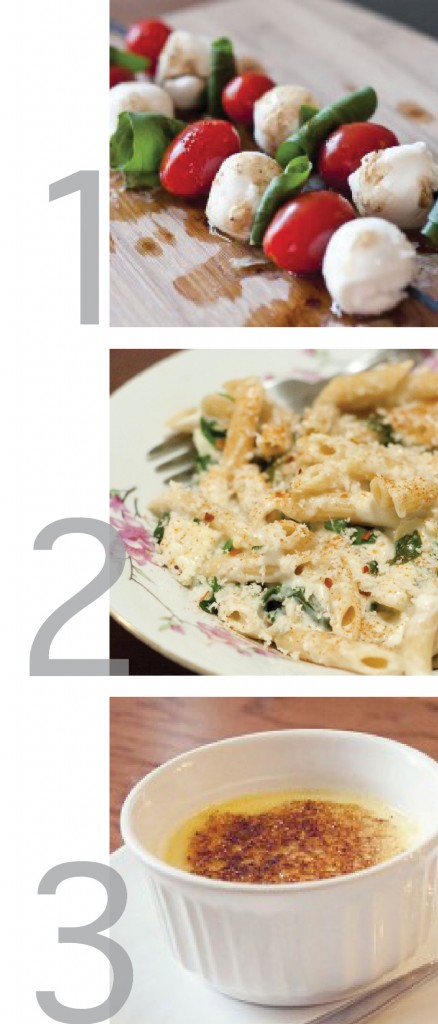 this image is a simple graphic showing caprese salad, spinach and artichoke penne and creme brulee for a valentine's day meal