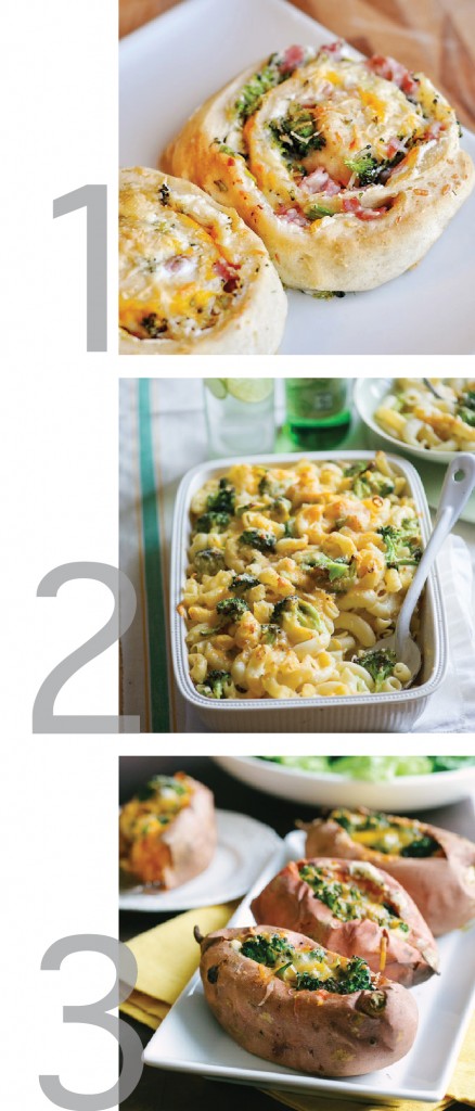 this photo is a graphic with three images for different recipes from pinterest, including ham and broccoli cheese spirals, broccoli mac and cheese, and broccoli and cheese stuffed sweet potatoes