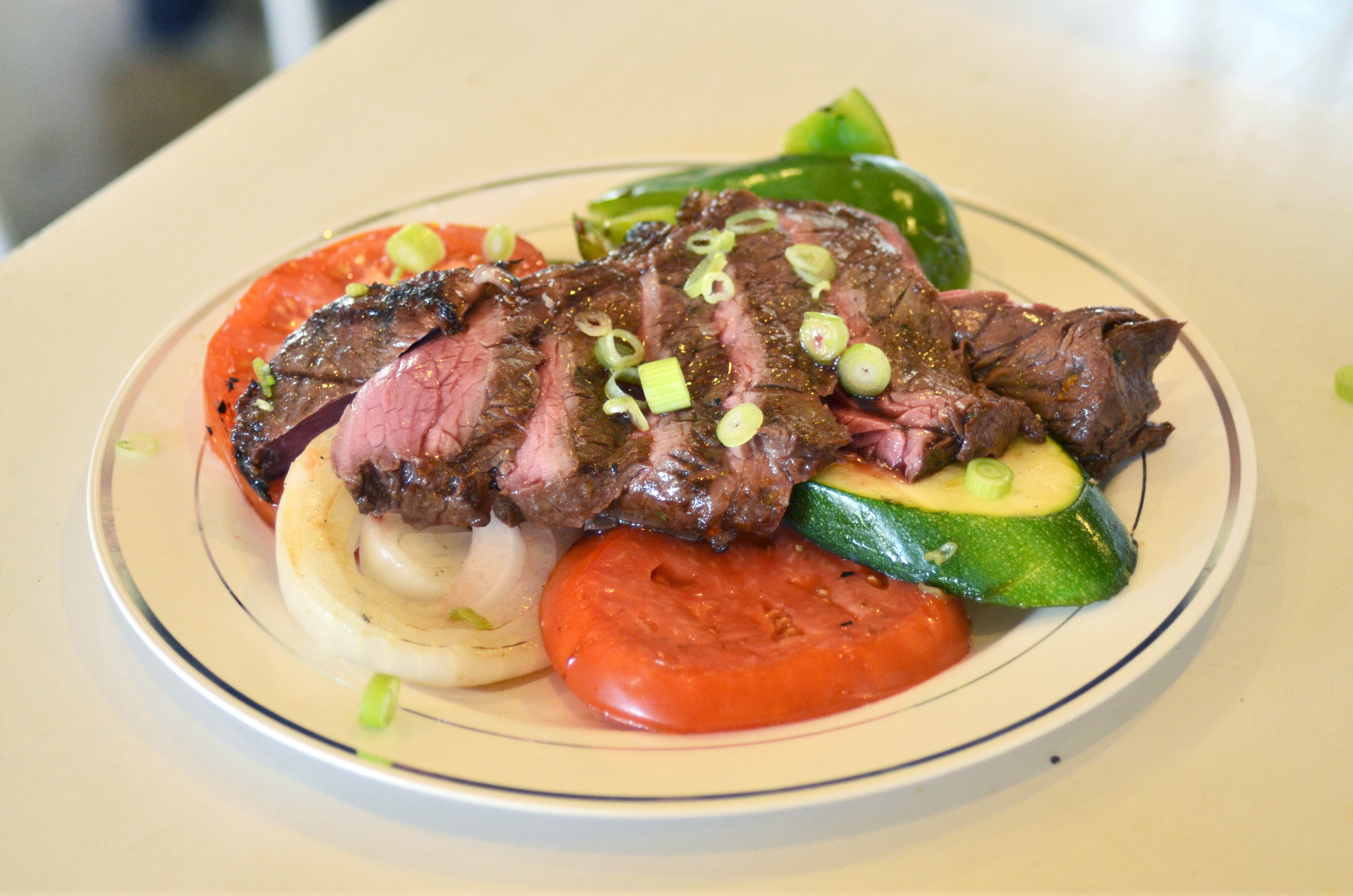 Sirloin Steak with a Garlic, Ginger and Soy Marinade and Sushi Meshi Grilled Vegetables