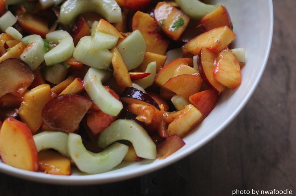 Fresh cucumber and peach salad with mint up close copy