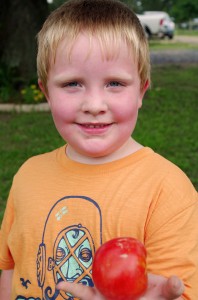 Tayden shows off one of the tomatoes he picked from the garden. 