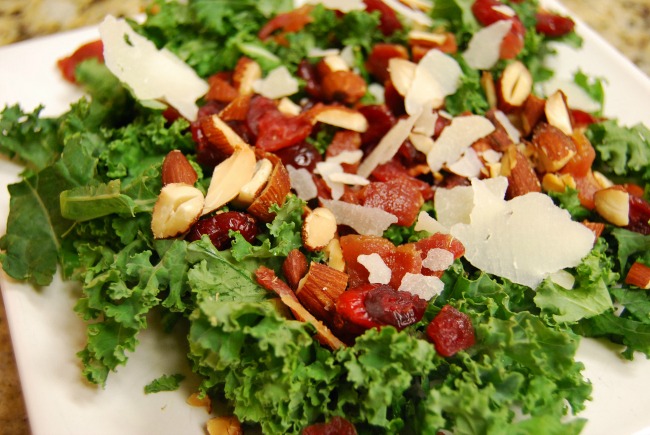 kale salad w maple vinaigrette bacon smk almonds parmesan