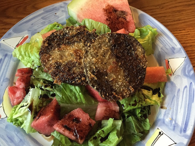 fried eggplant and watermelon salad with balsamic reduction