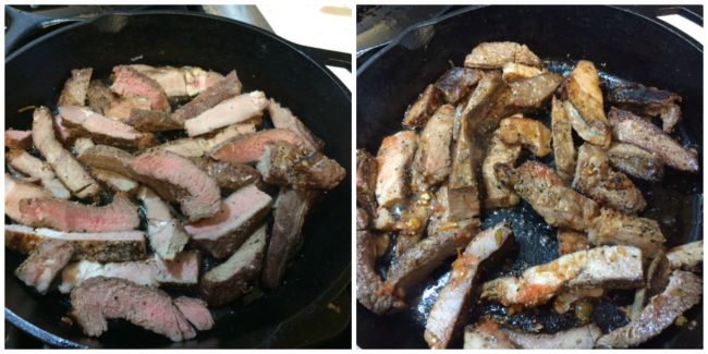 Steak strips in skillet
