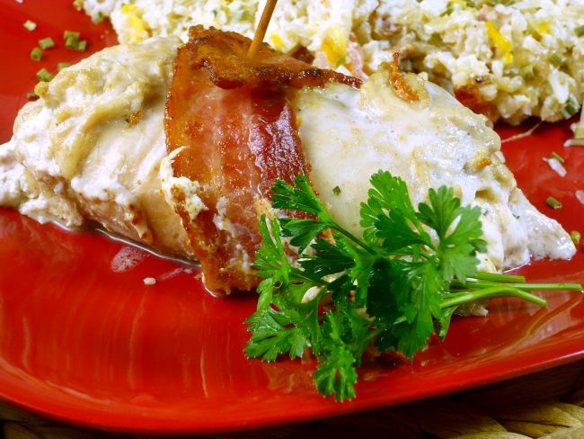 FB Taste Ark Bacon Wrapped Chicken with Cream Cheese on red plate