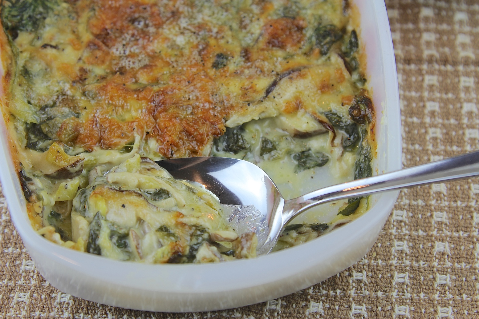 spring greens and shitake mushroom gratin - up close