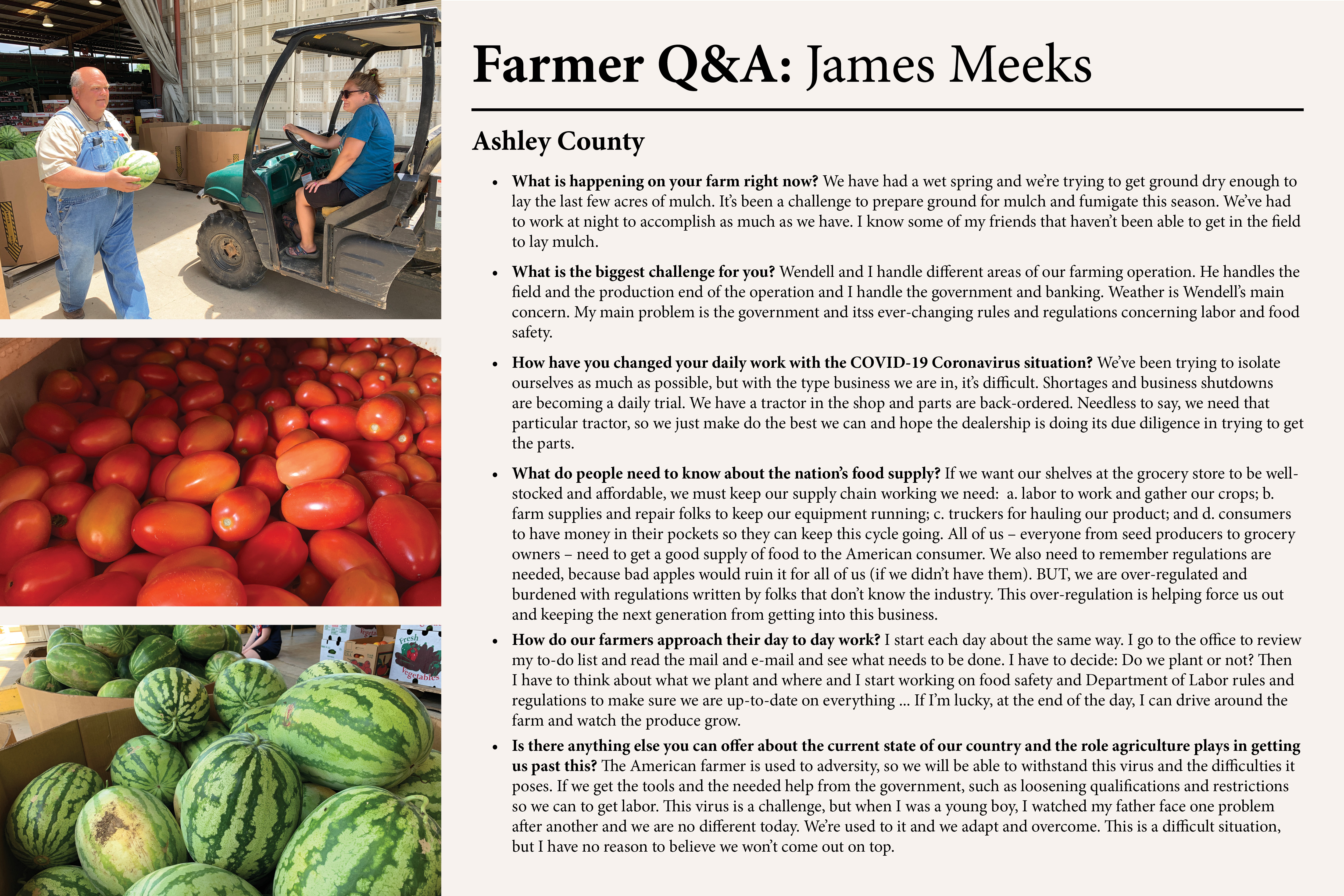 This is an image that contains copy of an interview with James Meeks of Ashley County, a produce grower. 